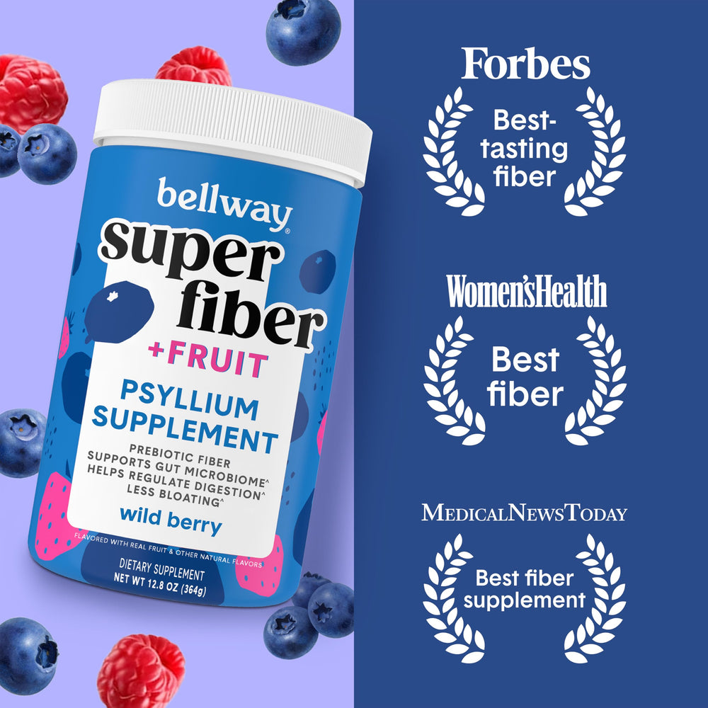 Bellway Super Fiber Powder scoop illustrating 5 g fiber per serving for regularity.