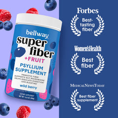 Bellway Super Fiber Powder scoop illustrating 5 g fiber per serving for regularity.