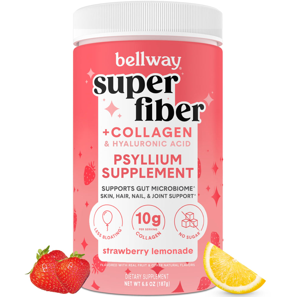 Bellway Super Fiber Powder tub with strawberry lemonade flavor ready to mix for gut health benefits.