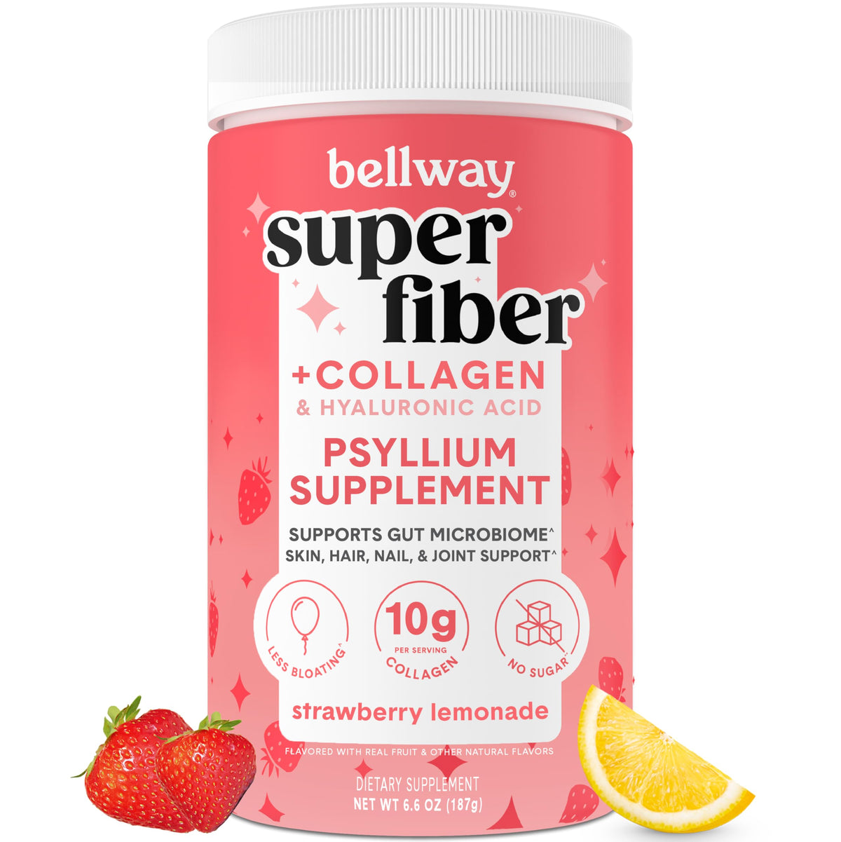 Bellway Super Fiber Powder tub with strawberry lemonade flavor ready to mix for gut health benefits.