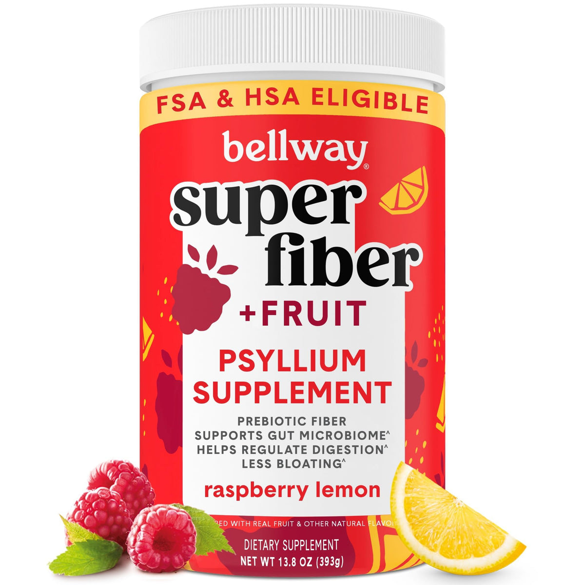 Bellway Super Fiber tub label featuring Raspberry Lemon flavor for daily gut support.
