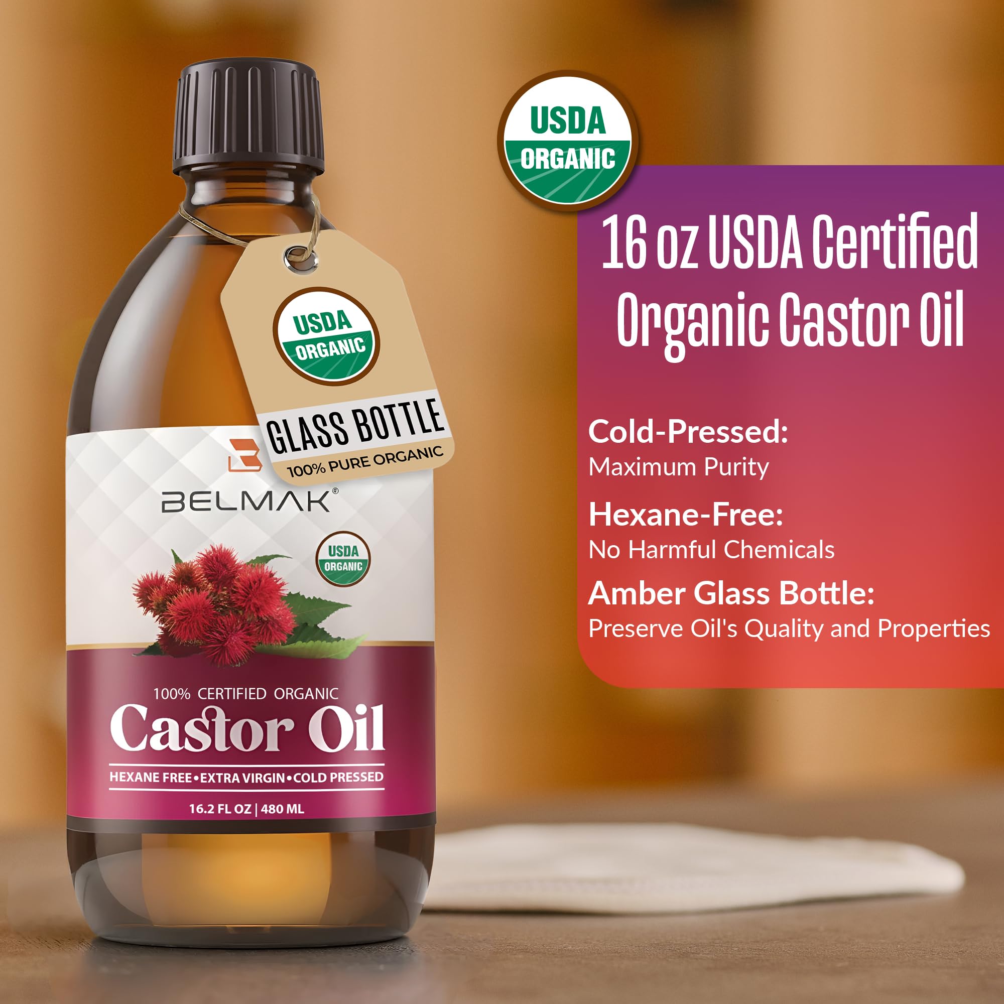 BELMAK organic castor oil bottle 16oz for easy application during routines.