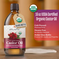 BELMAK organic castor oil bottle 16oz for easy application during routines.