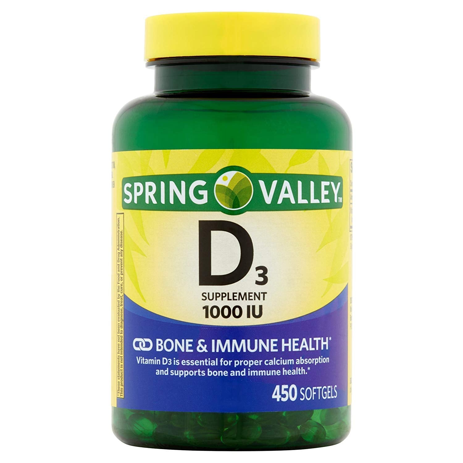 BELOEN Spring Valley Vitamin D-3 softgel bottle highlighting 1,000 IU per softgel for calcium absorption support