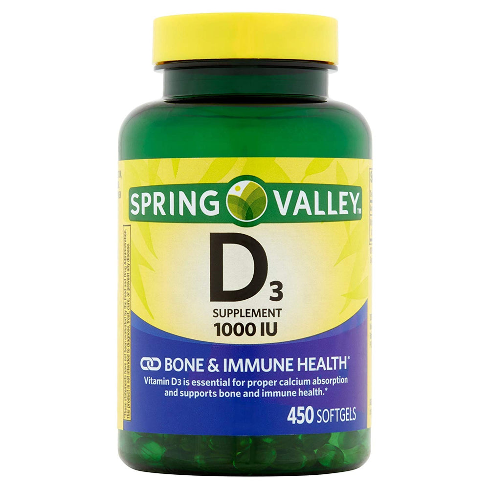 BELOEN Spring Valley Vitamin D-3 softgel bottle highlighting 1,000 IU per softgel for calcium absorption support