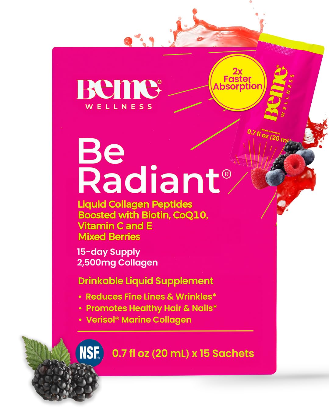 BeMe Liquid Collagen berry sachets packaging for convenient daily beauty routine.