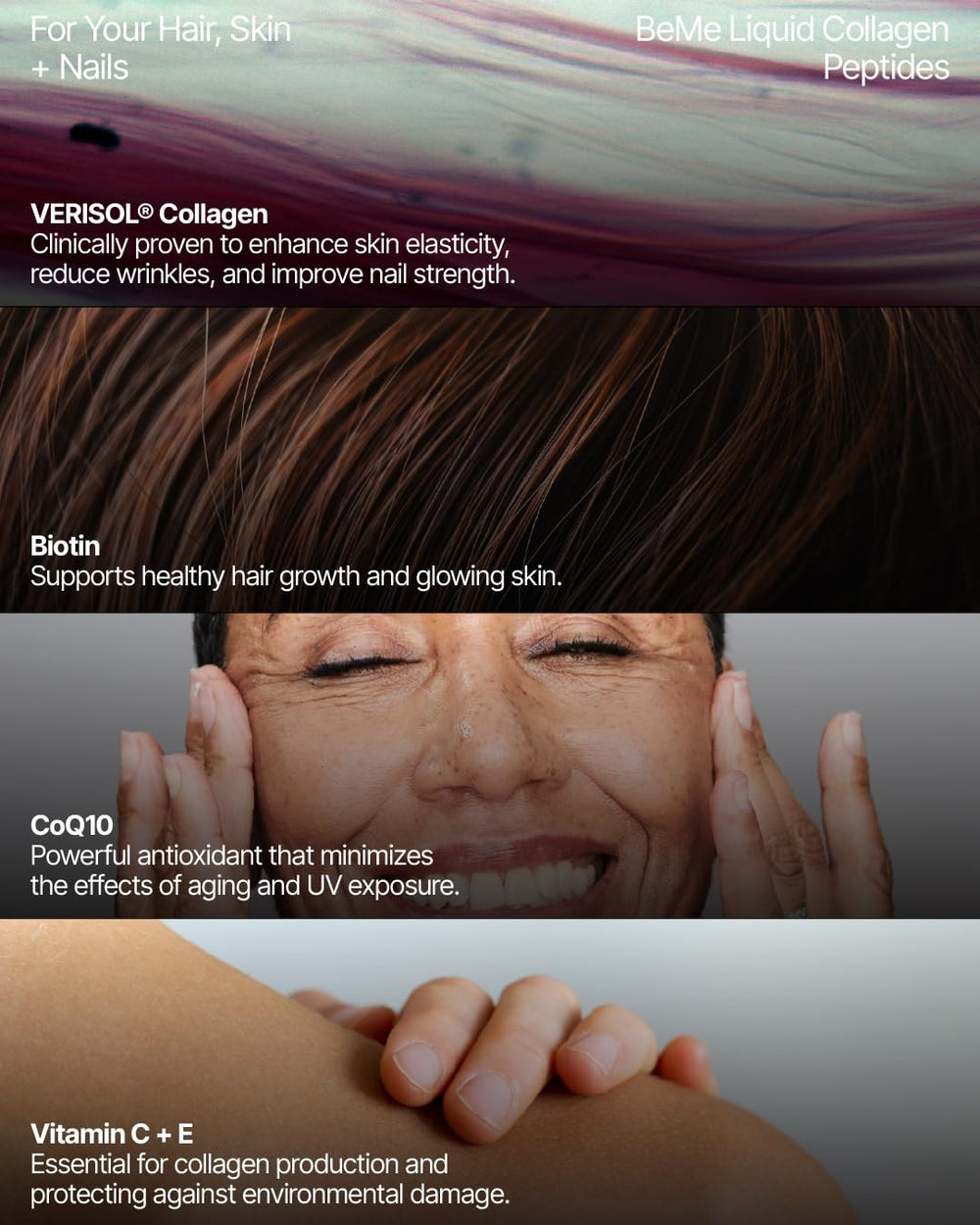 BeMe liquid collagen label closeup highlighting VERISOL and nutrients.