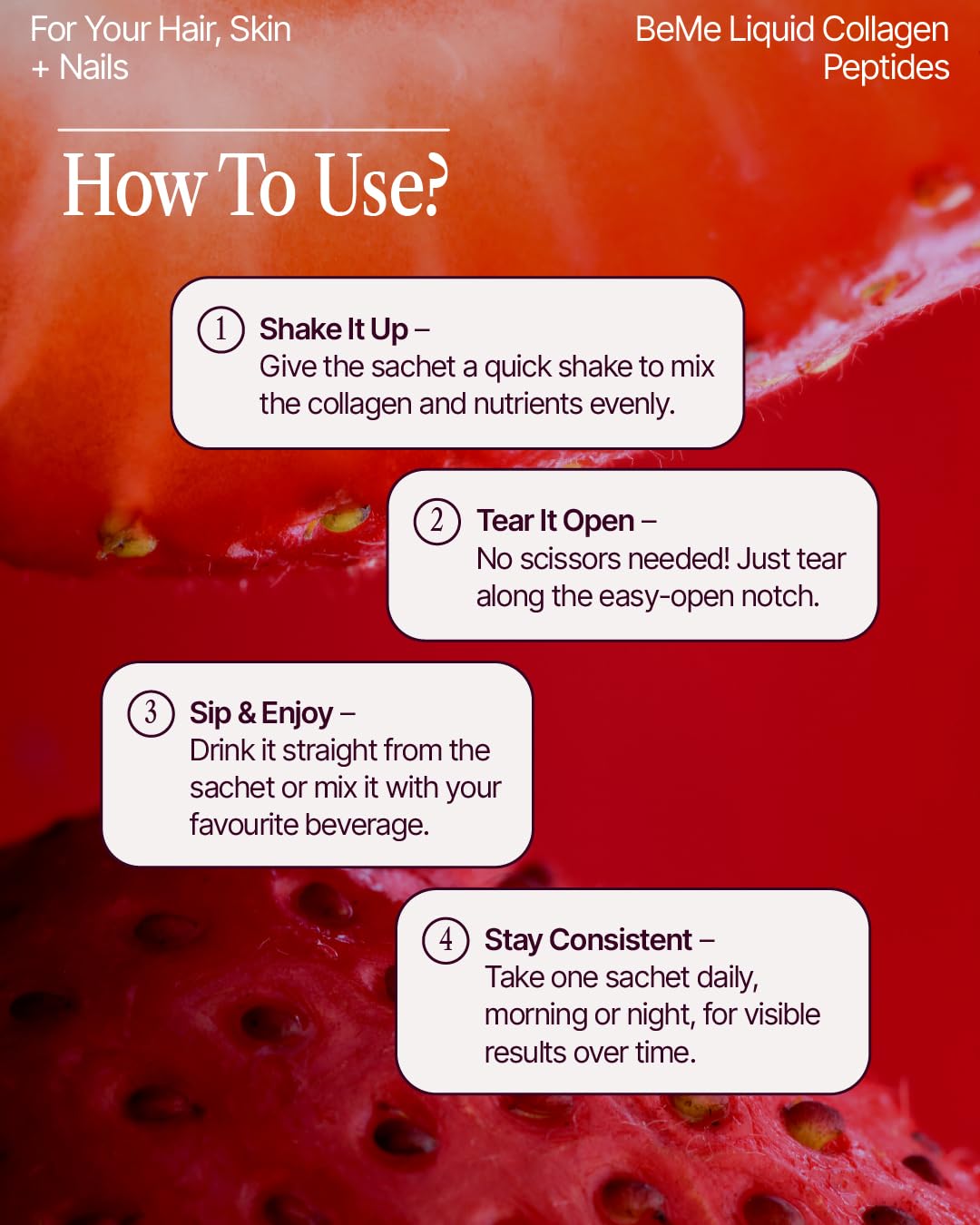 BeMe preview of nails, hair and skin benefits.