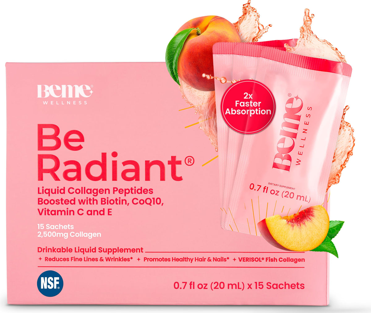 BeMe liquid collagen peach sachet ready to use for beauty support.
