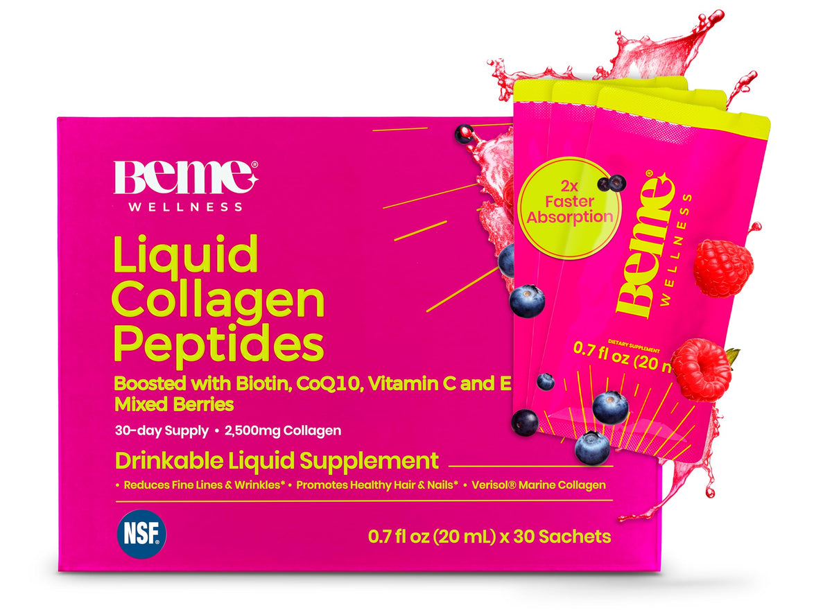 BeMe liquid collagen sachets packaging, travel-friendly and easy to use.