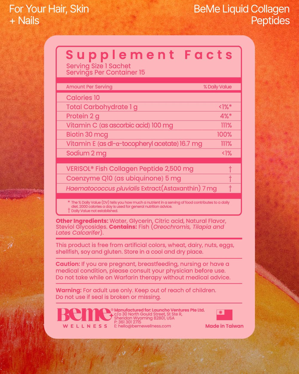 BeMe ingredients display showing VERISOL collagen, biotin and CoQ10.