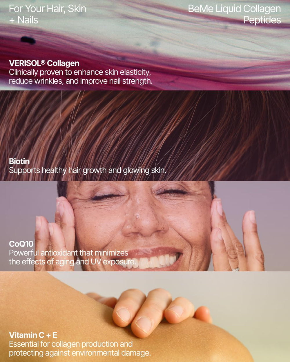 BeMe liquid collagen women packaging closeup highlights compact daily-use design.