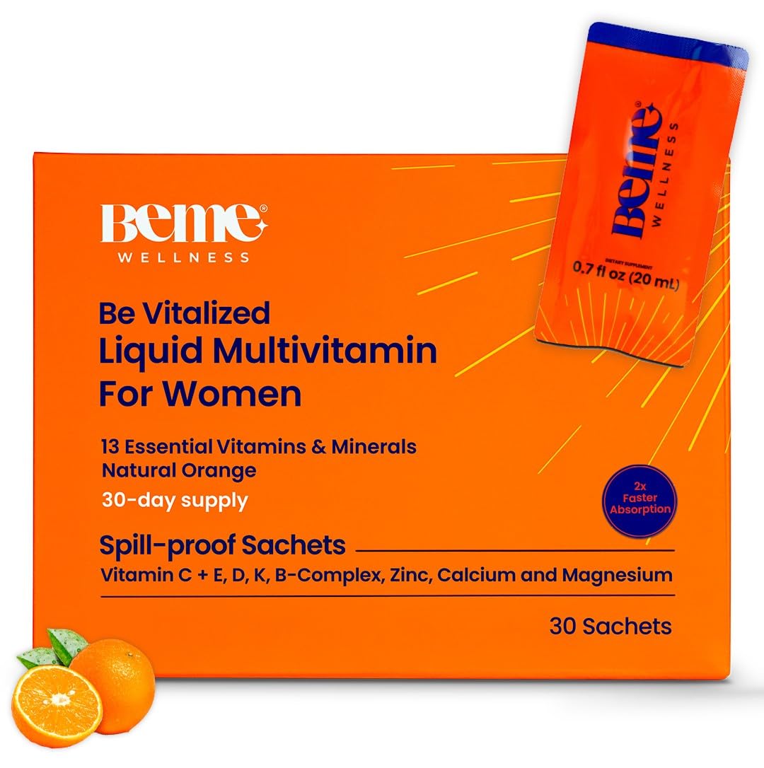 BeMe liquid multivitamins orange sachet packaging for on-the-go nutrition.