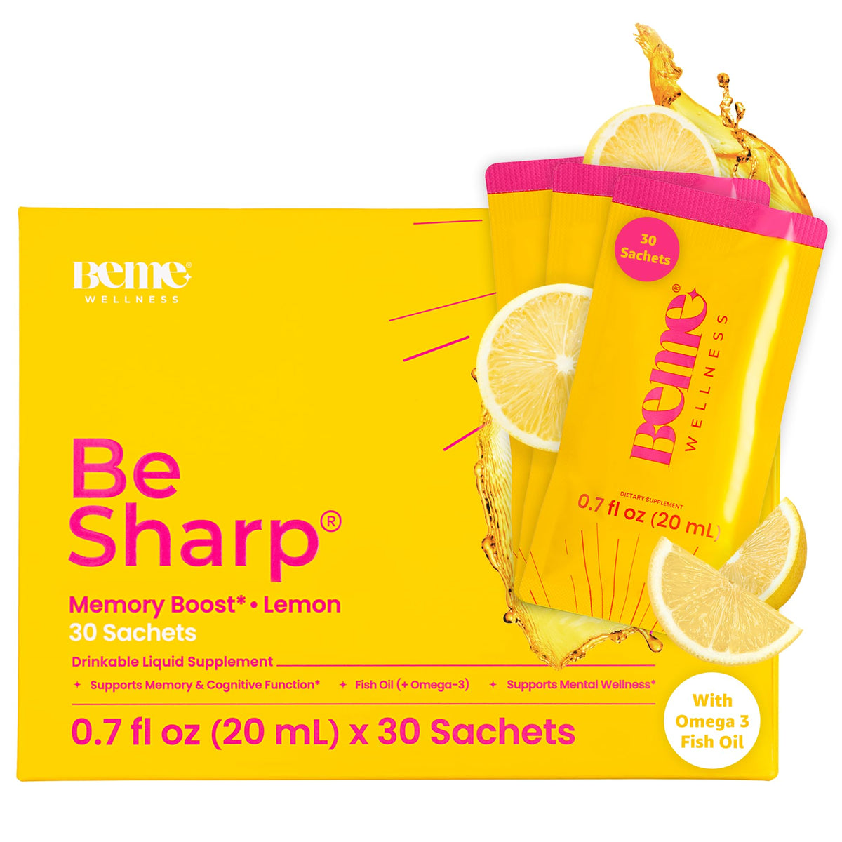 BeMe Liquid Omega-3 fish oil bottle highlights high absorption for brain health
