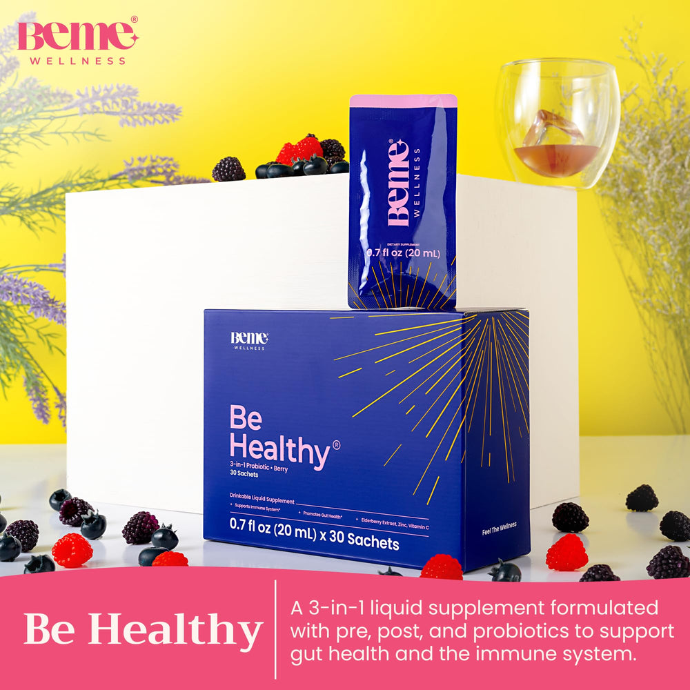 BeMe Liquid Probiotics sachets ready for travel and daily use.