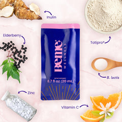 BeMe Liquid Probiotics tear-and-drink sachet for quick bloating relief.