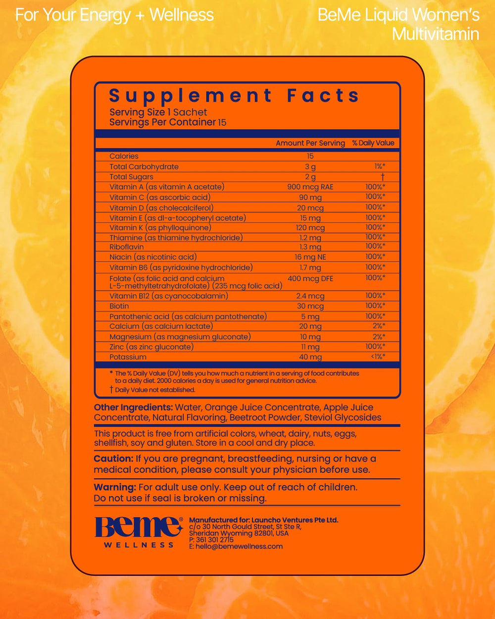 BeMe packaging highlights 13 essential vitamins and minerals.