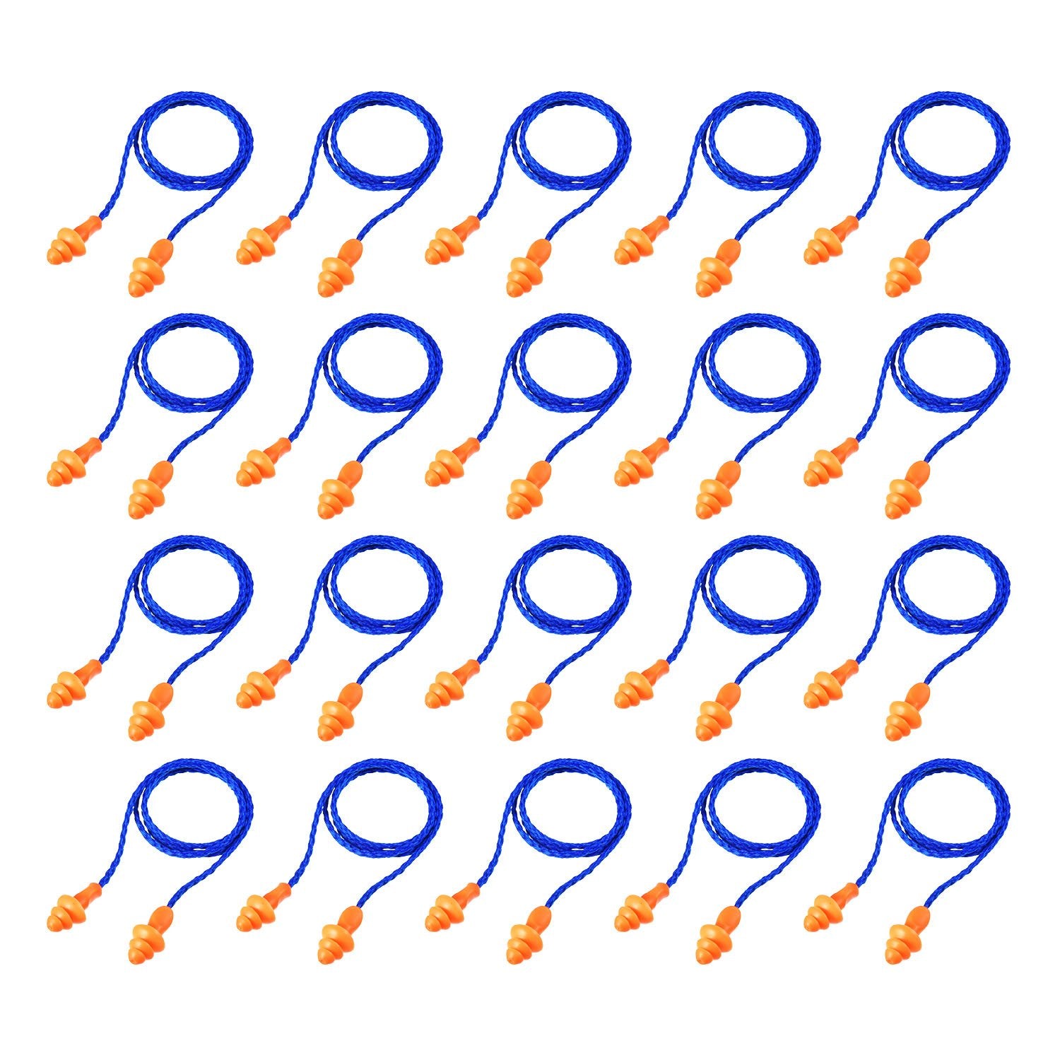 Bememo 20-pair corded ear plugs in blue cord and orange tips for sleeping.