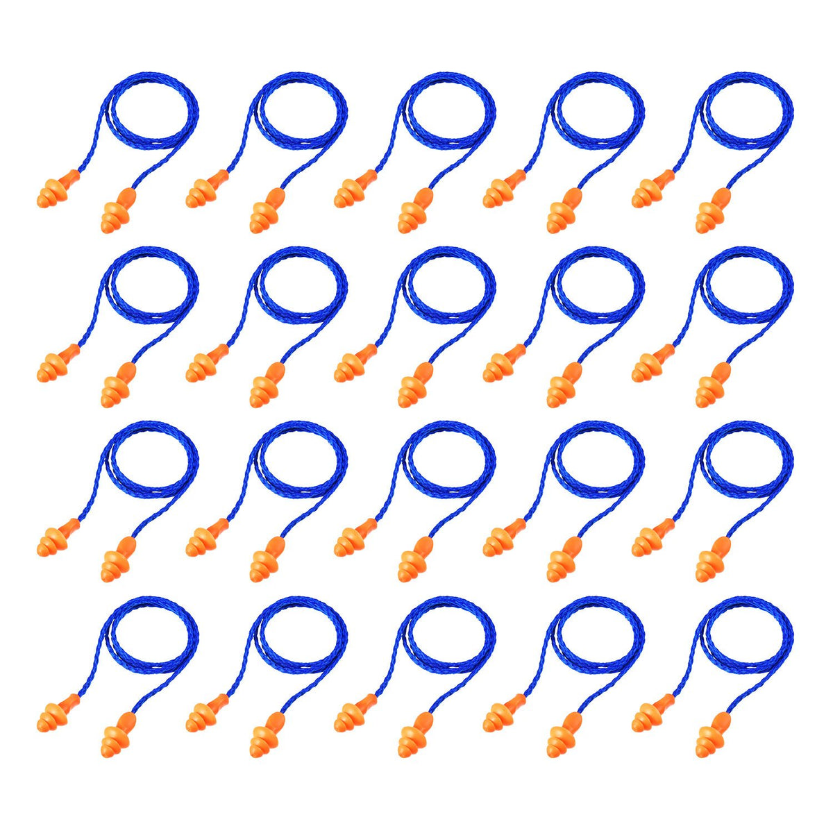 Bememo 20-pair corded ear plugs in blue cord and orange tips for sleeping.