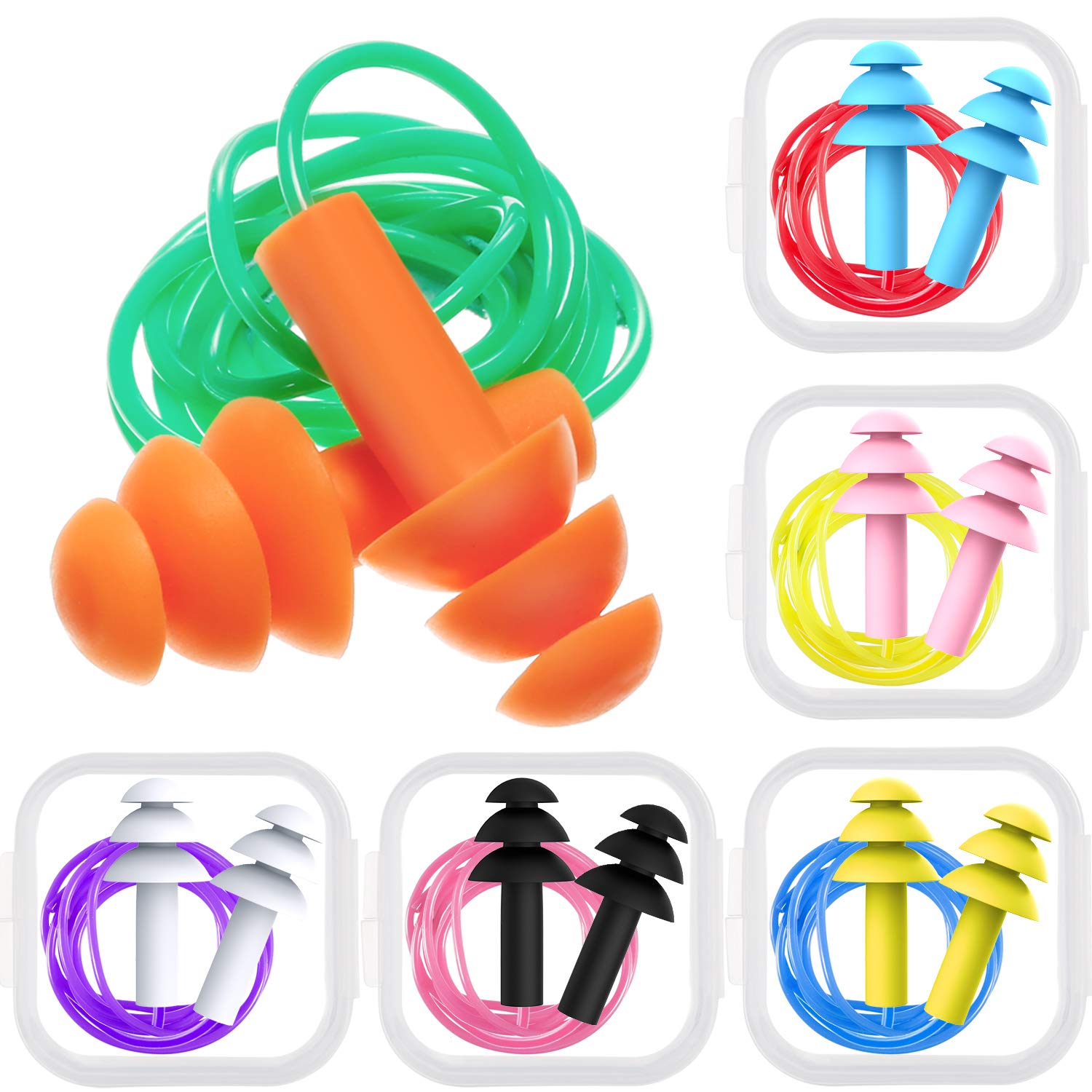 Bememo six-pack corded earplugs with case and color variety for identification.