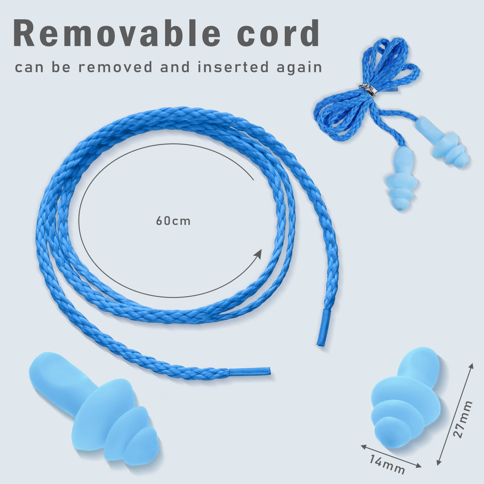 Bememo blue corded ear plugs use nylon cord for durable, long-lasting wear.