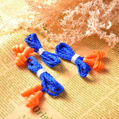 Bememo ear plugs in use with long nylon cord for easy retrieval in noisy spaces.