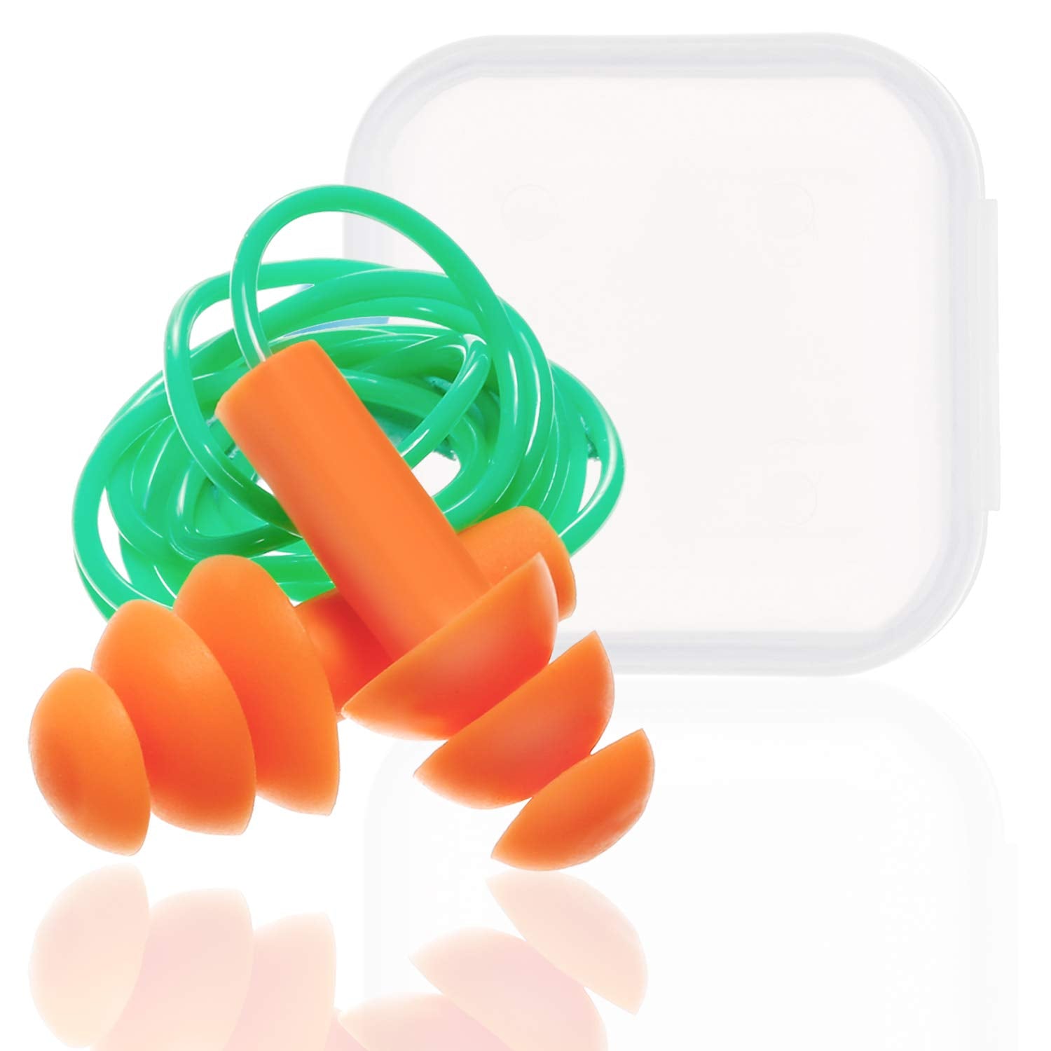 Soft silicone Bememo earplugs with compact protective case for on-the-go use.