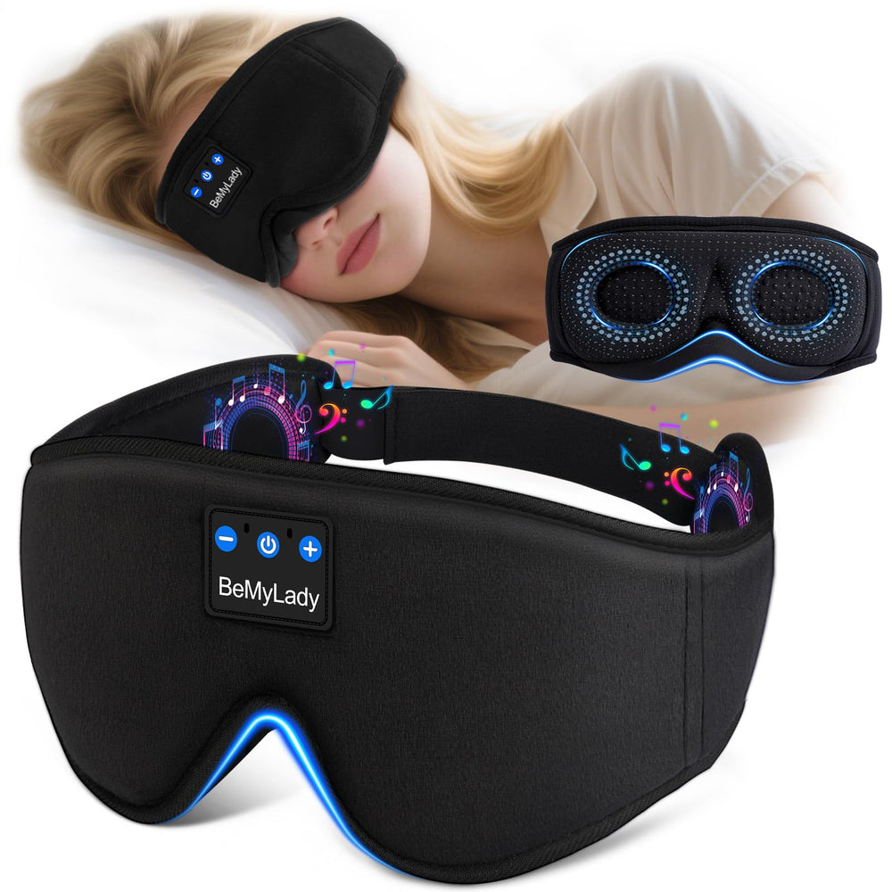 BeMyLady sleep mask headphones with contoured nose bridge for total darkness during travel.