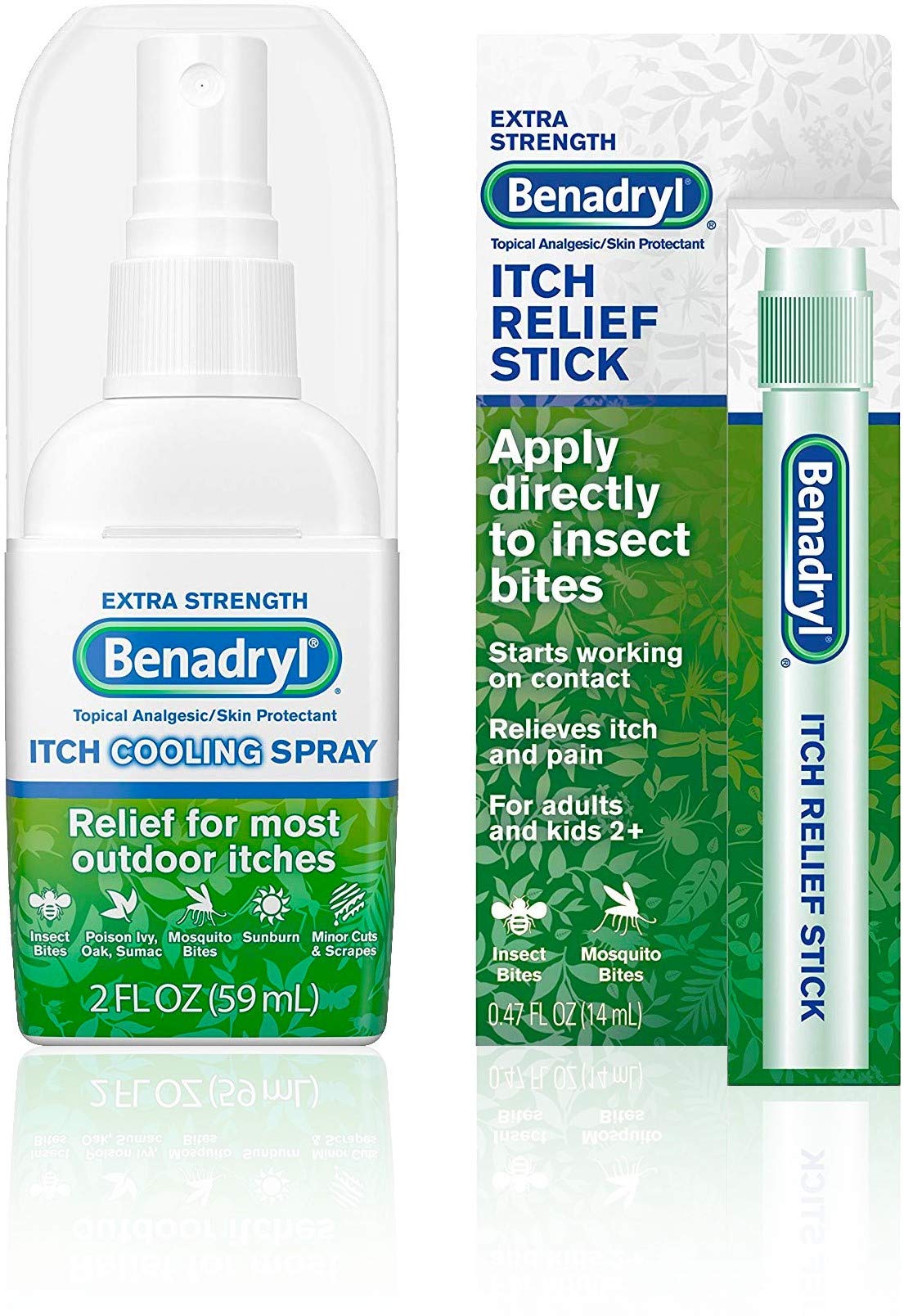 Benadryl cooling anti-itch spray bottle ready for quick relief.