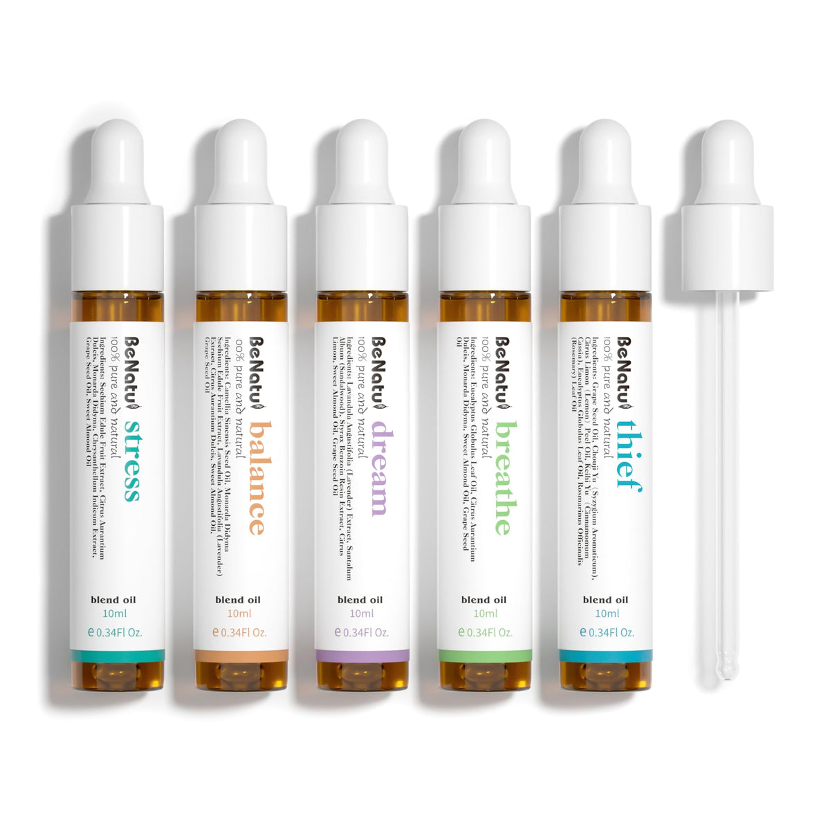Conjunto Benatu de aceites relajantes en botellas de 10 ml para uso diario.