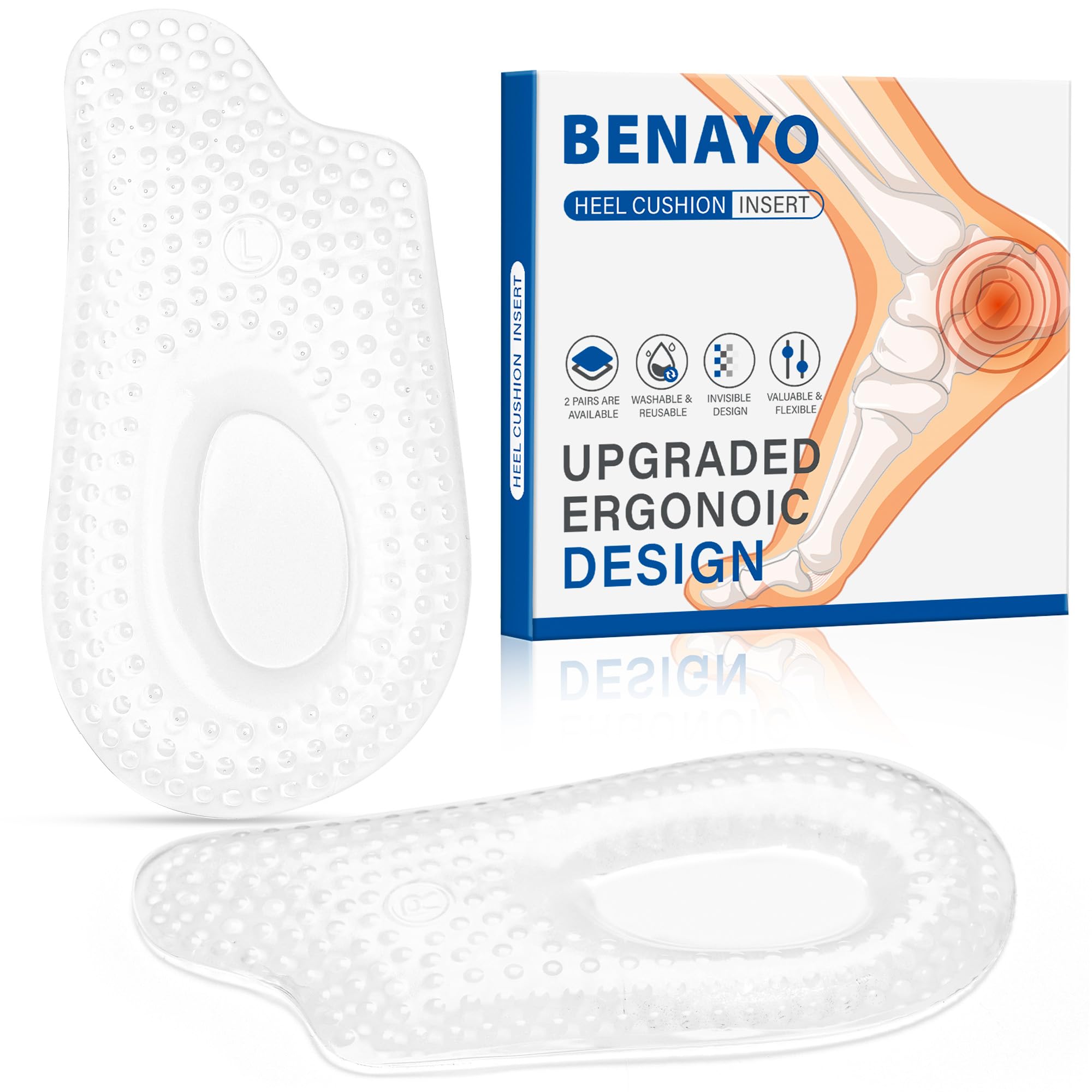 BENAYO plantar fasciitis heel cups front-pack: soft gel cushioning for daily comfort.