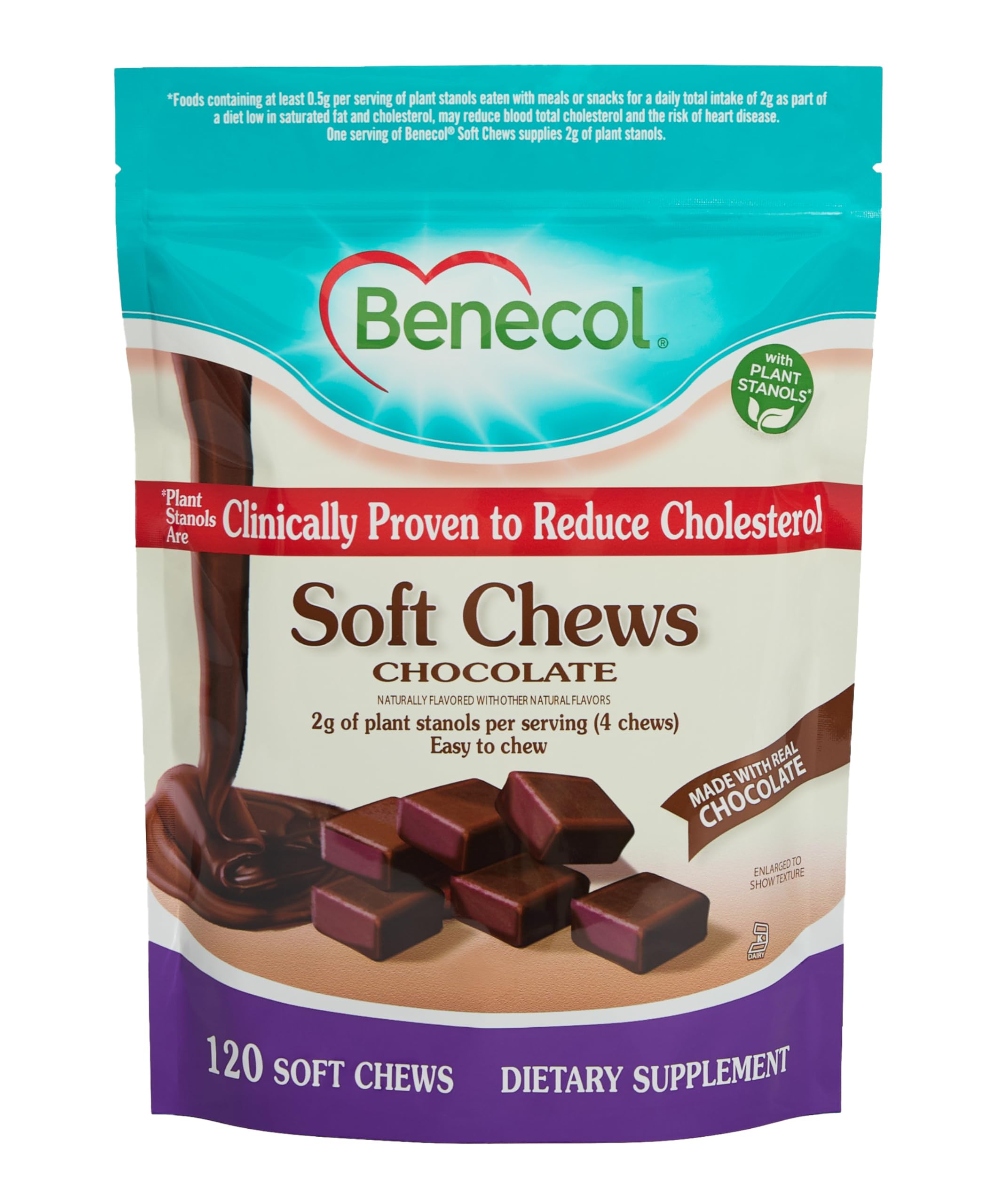 Benecol Soft Chews chocolate close-up with four chews for a convenient daily routine.