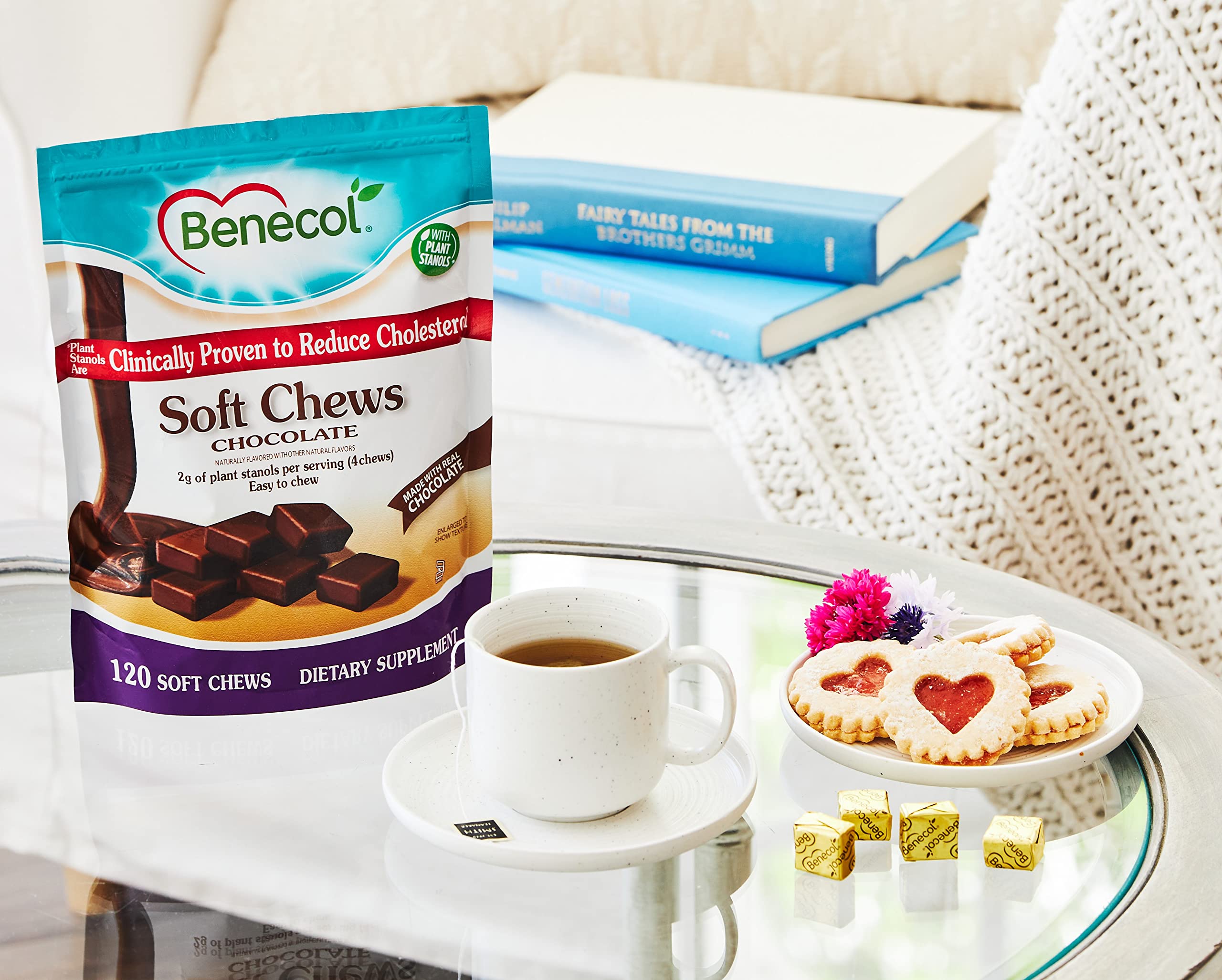 Benecol Soft Chews label close-up showing ingredients and usage directions.