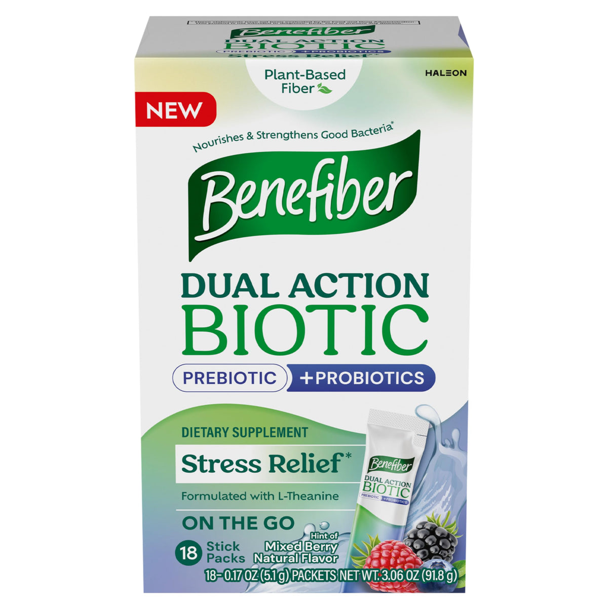 Benefiber Dual Action Biotic Plus stick packs for on-the-go use