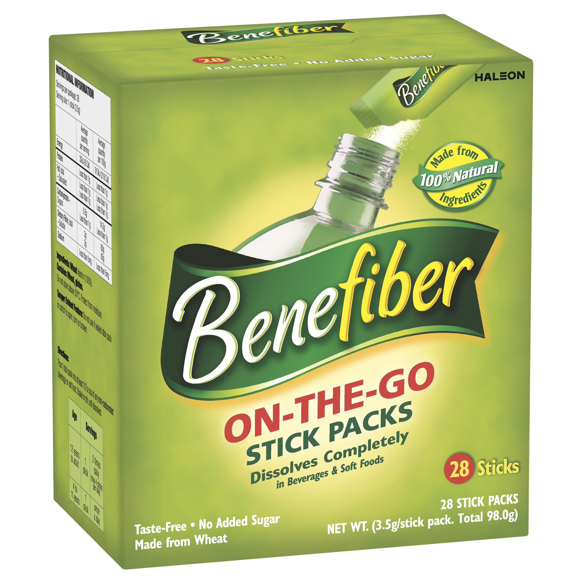 Benefiber on-the-go stick 28-pack packaging showing convenient daily fiber support