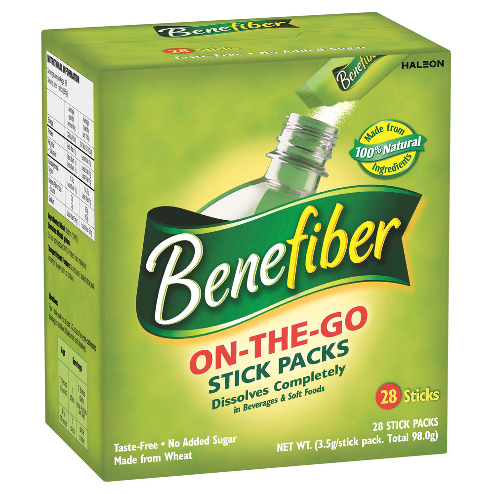 Benefiber on-the-go stick 28-pack packaging showing convenient daily fiber support