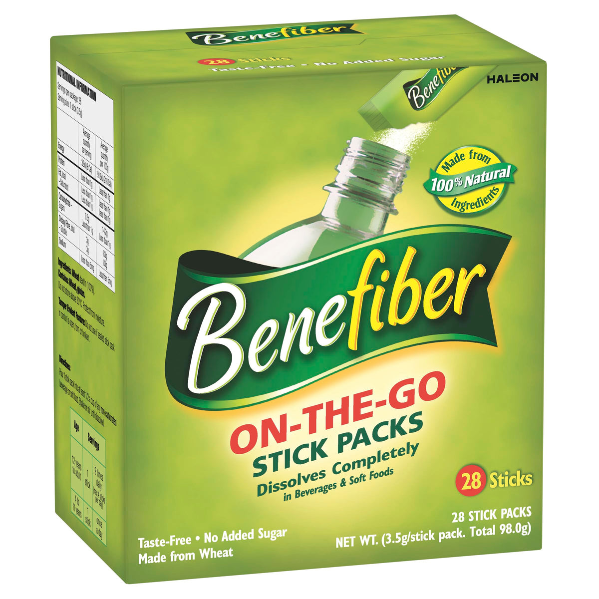 Benefiber on-the-go stick 28-pack packaging showing convenient daily fiber support