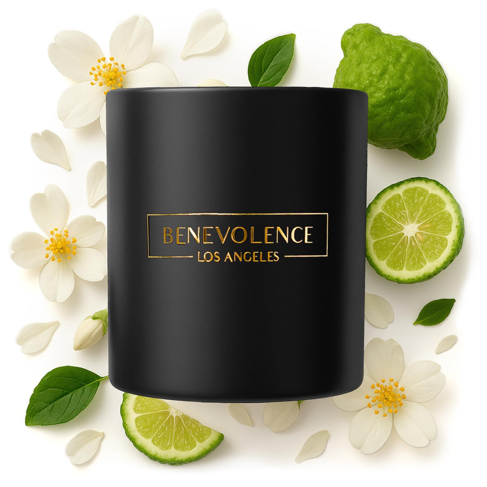 Benevolence LA Bergamot & Jasmine candle closeup showing rich fragrance and dark container