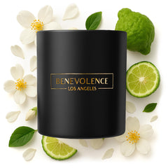 Benevolence LA Bergamot & Jasmine candle closeup showing rich fragrance and dark container