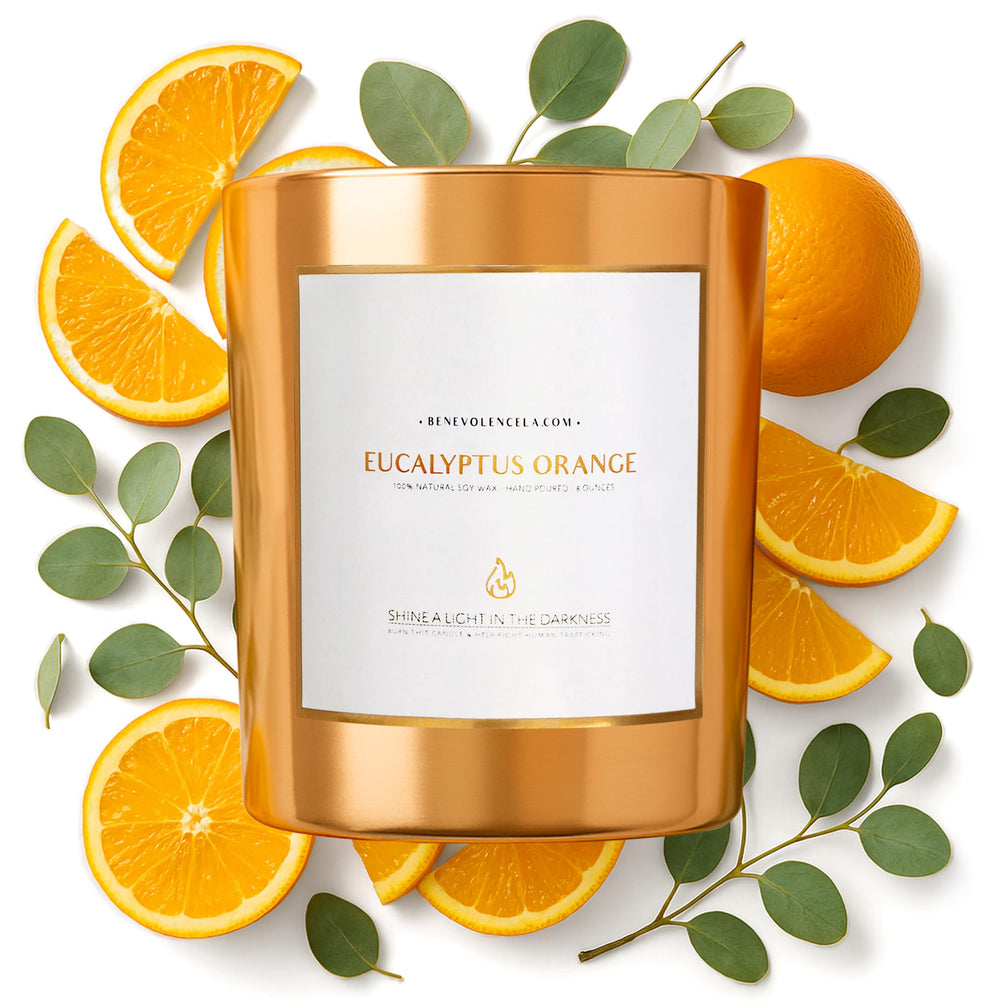 Benevolence LA eucalyptus orange wood wick candle on a mantel with a refreshing aroma