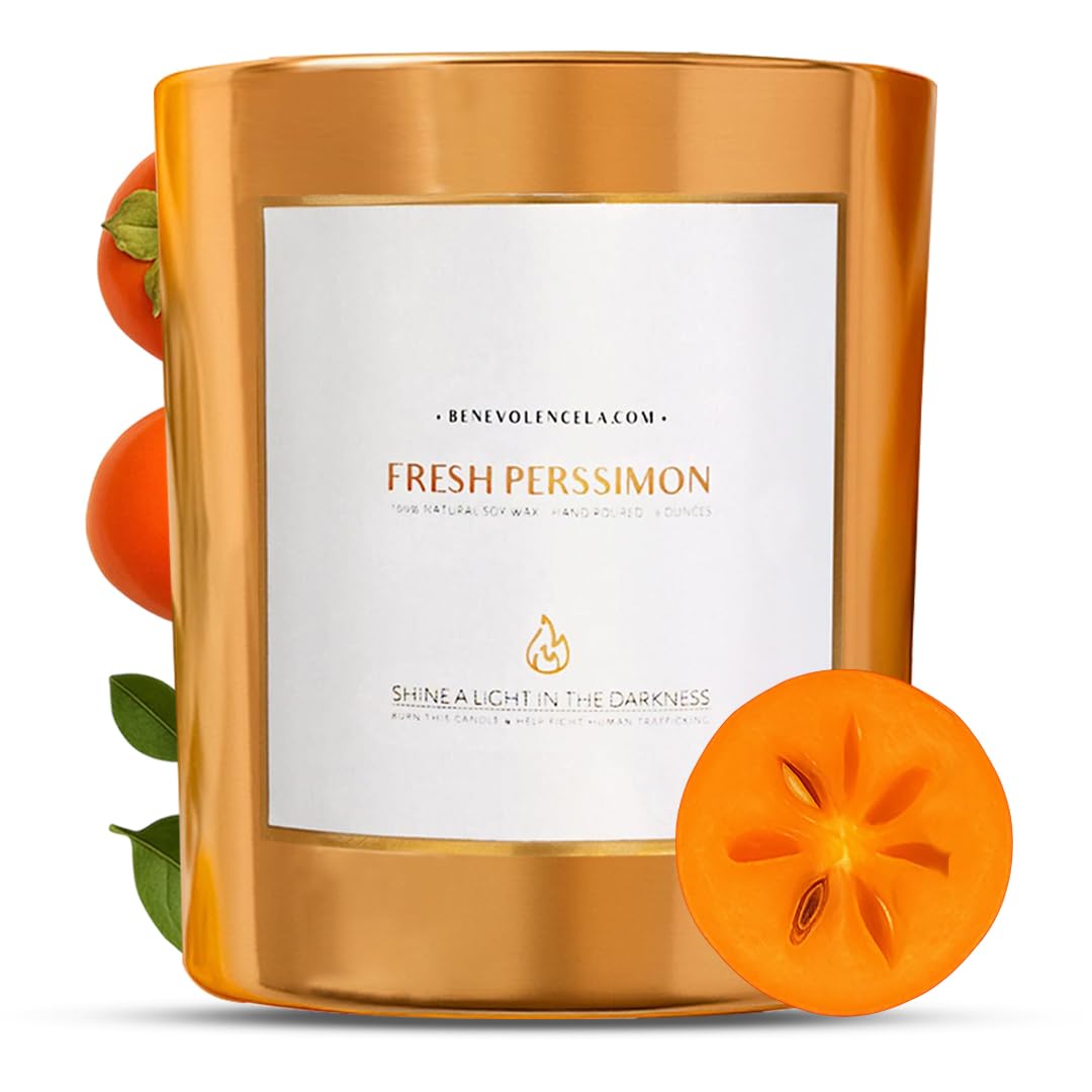 Benevolence LA Fresh Persimmon wood wick candle glowing in a festive setting for cozy holidays.