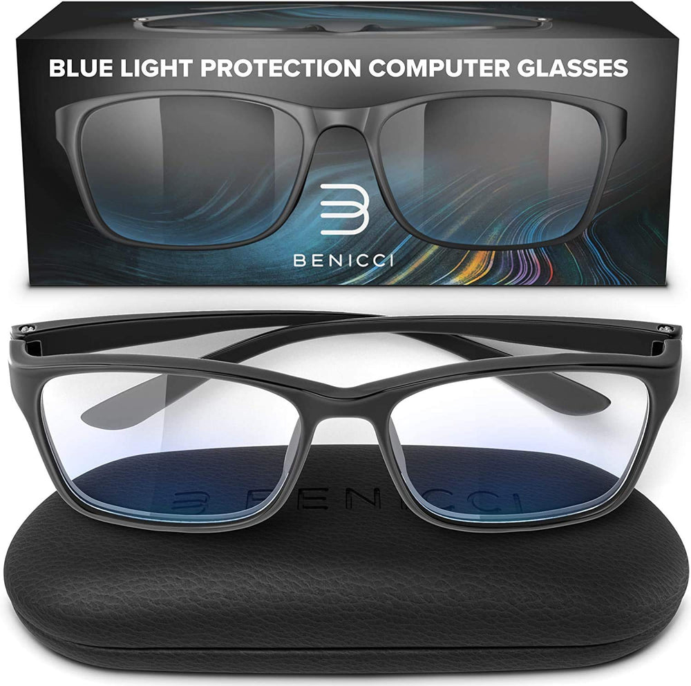 Benicci blue light glasses with case protect eyes from digital glare on the go.