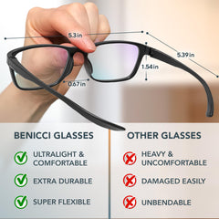 Benicci blue light glasses closeup lenses highlight comfort and style.