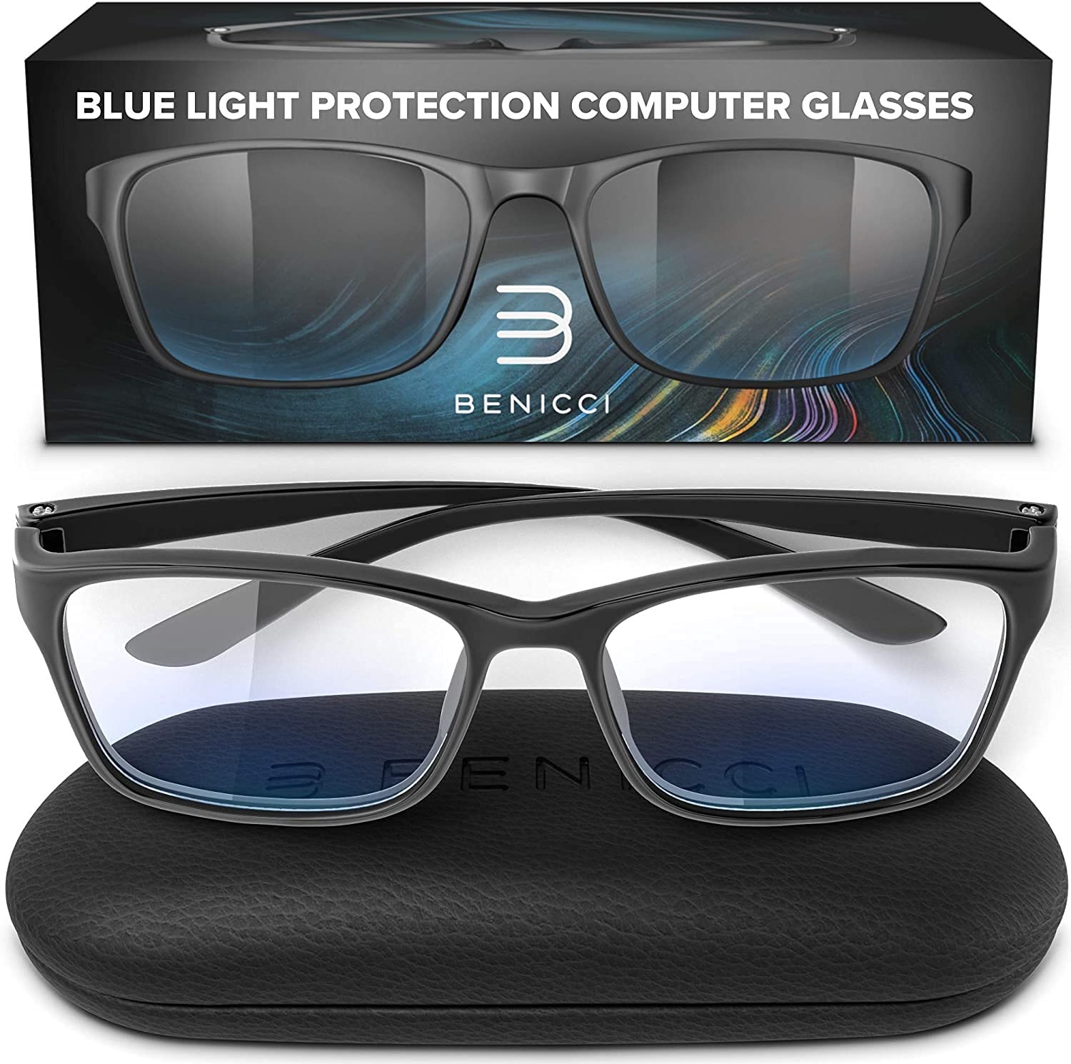 Benicci blue light glasses packaging box showcases premium presentation.
