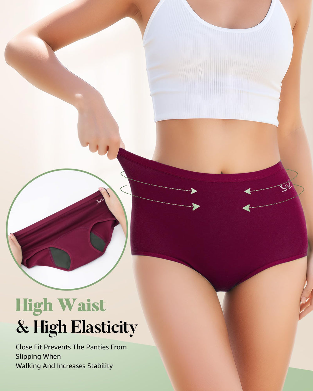 Benirap high-waisted design image focusing on full coverage and stay-in-place fit.