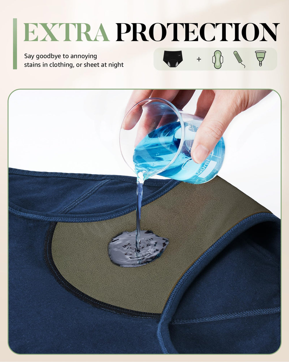 Benirap leakproof layer inside detail reveals absorbent core and stain resistance.