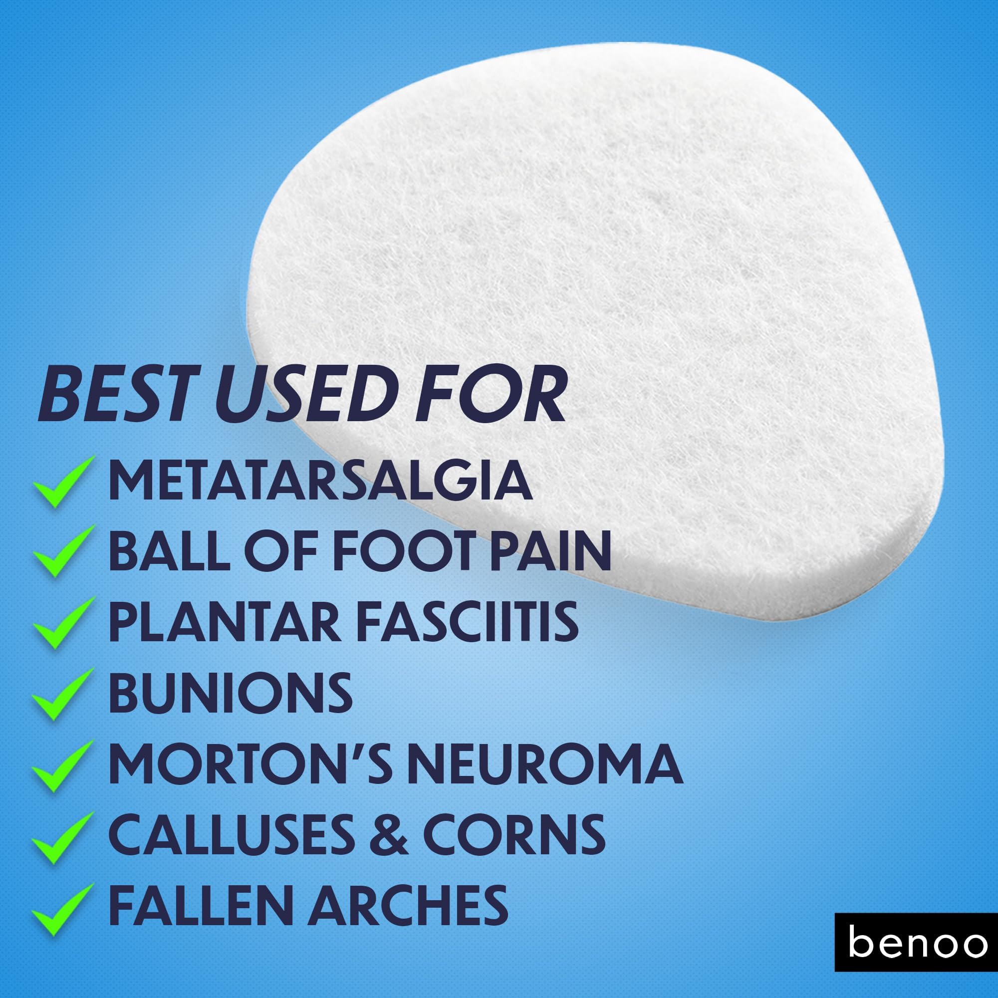 Benoo metatarsal pads adapt to sneakers sandals or orthotics