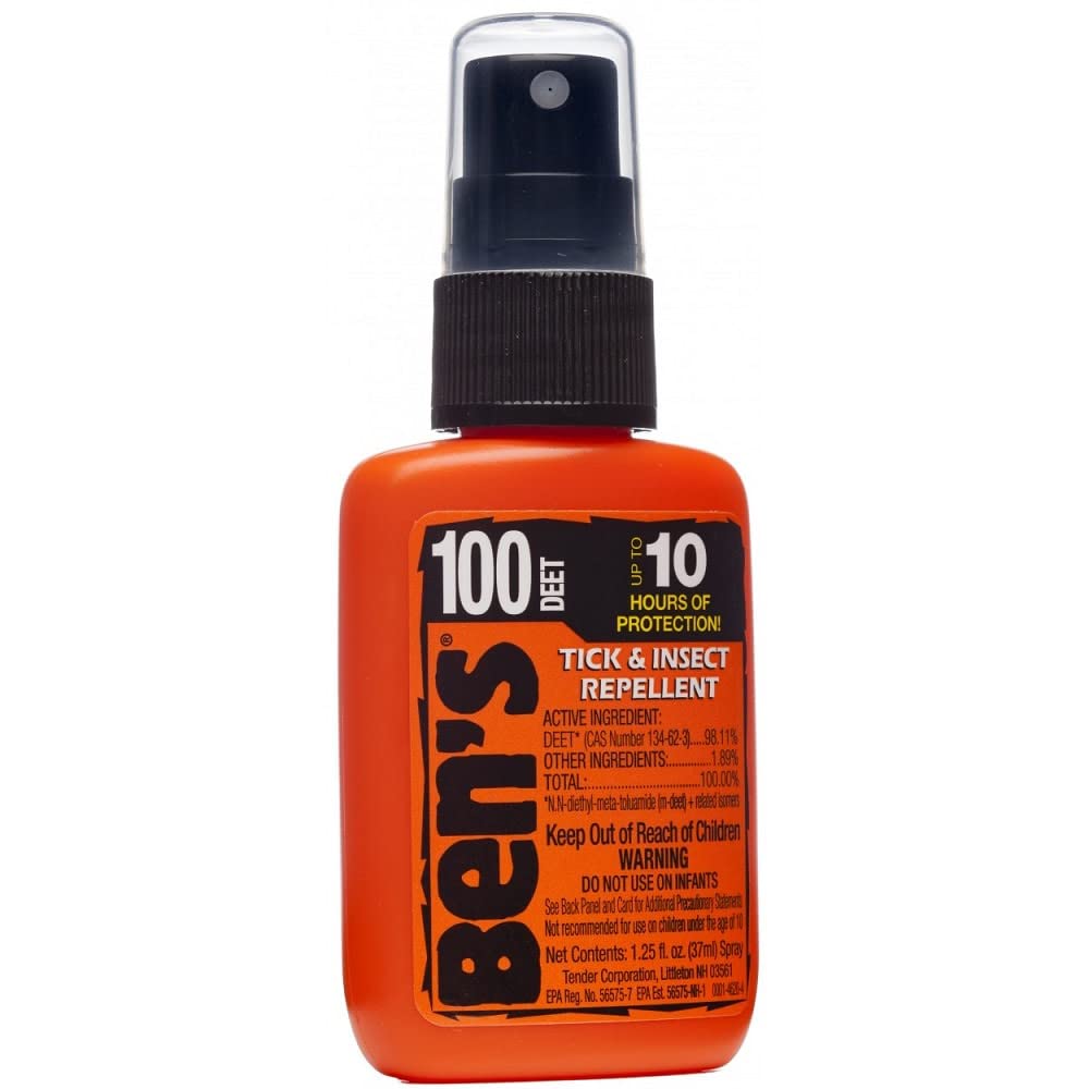 Ben's 100% DEET travel-size bottle protects you on outdoor trips against mosquitoes.