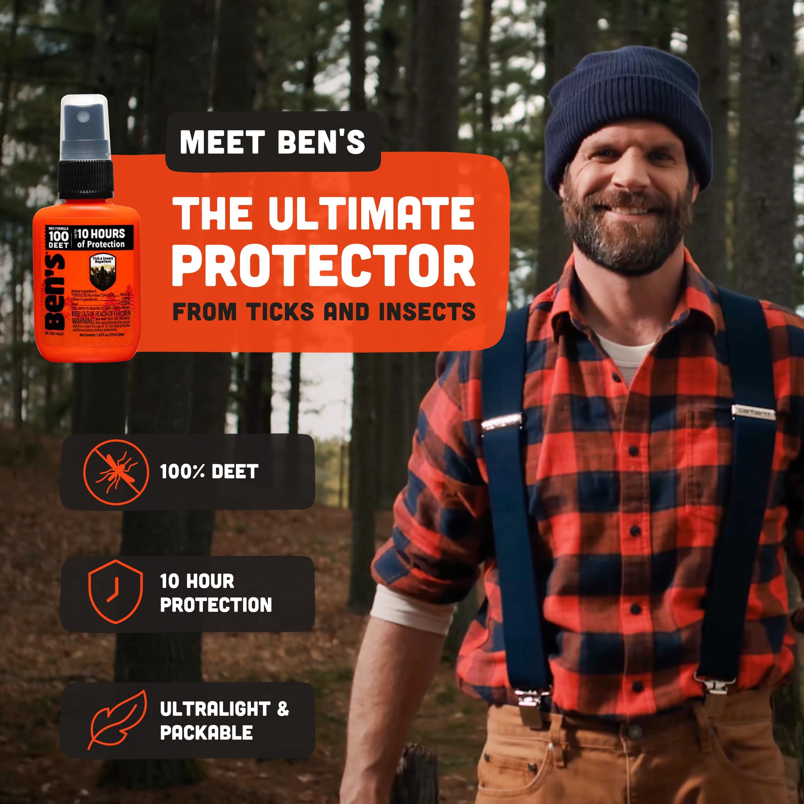 Ben's bottle close-up showcases the pure 100% DEET formula for tough outdoor conditions.