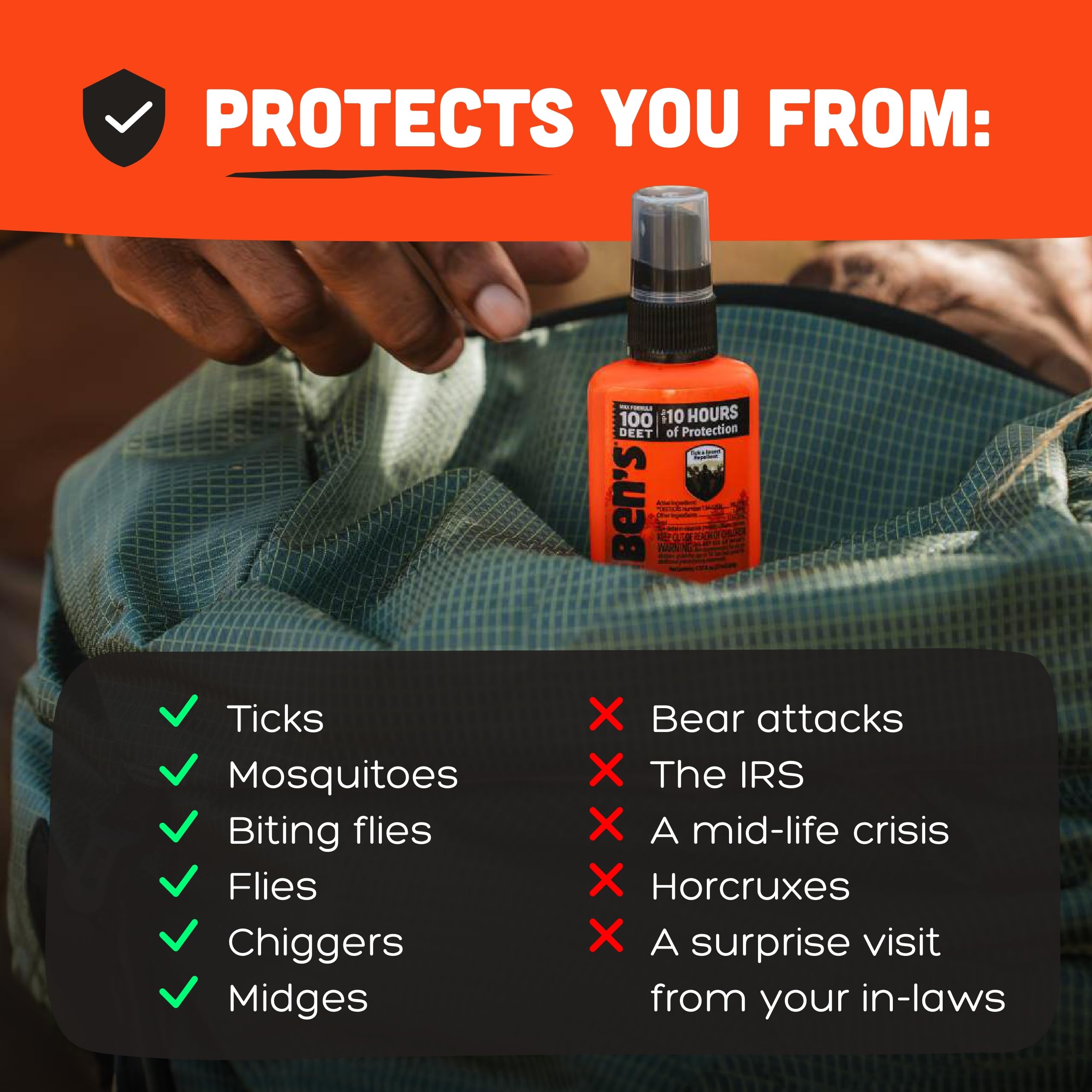 Applied on a backpack or clothing to keep pests at bay during activities.